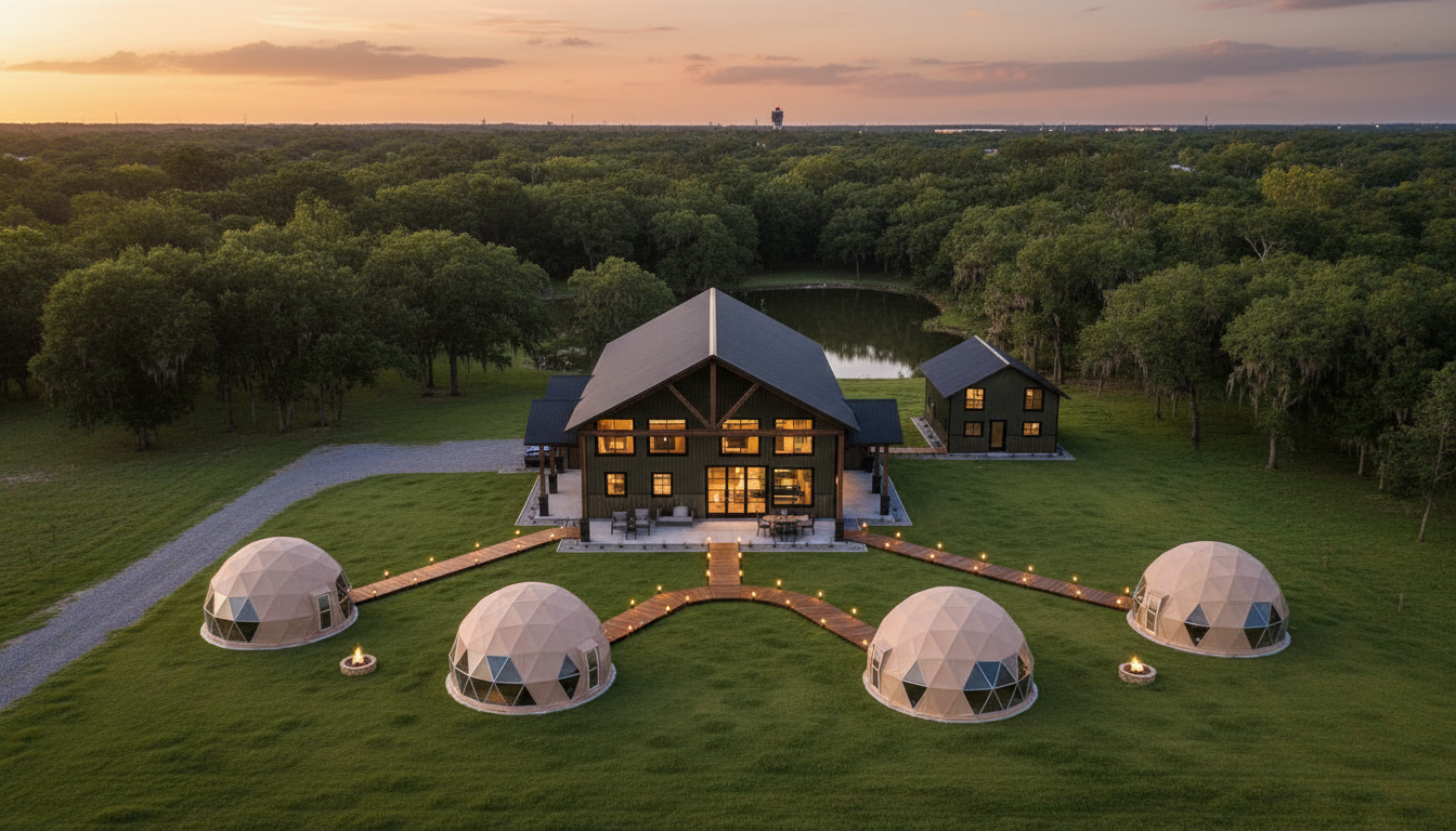 Aerial rendering of Dewberry Hideout — boutique event venue and cabin glamping retreat in Dale, Texas, near Austin, Hill Country, and Circuit of the Americas (COTA)